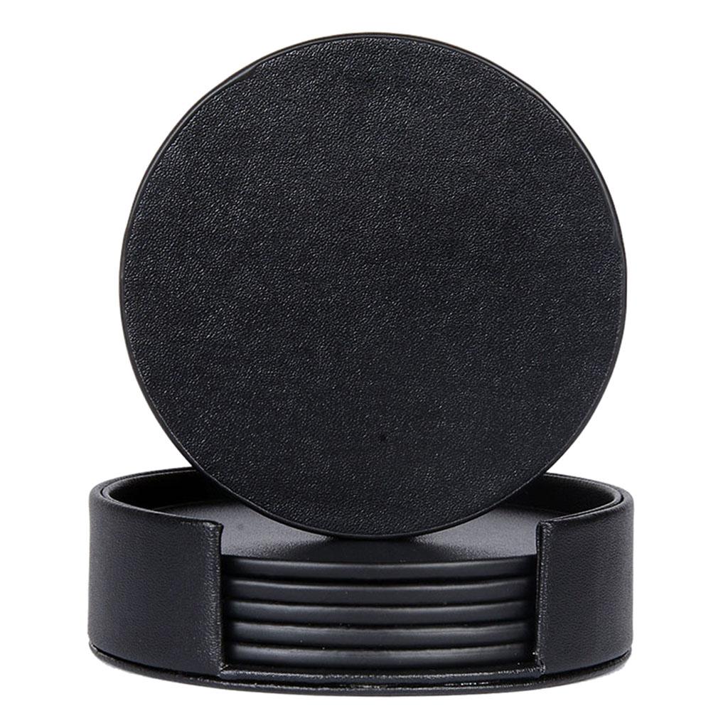 Leather Marble Grain Coasters for Drinks with Holder Heat Resistant Cup Mat black