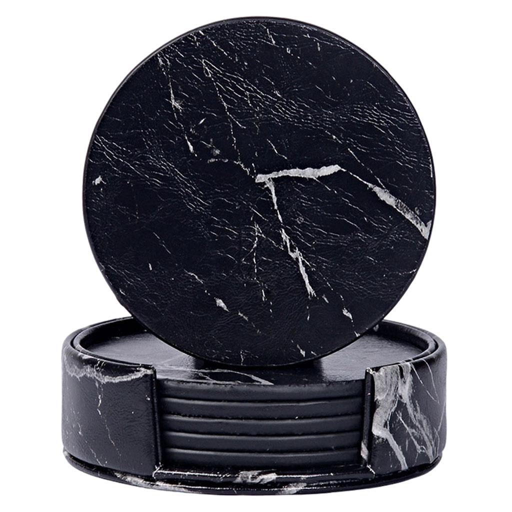 Leather Marble Grain Coasters for Drinks with Holder Heat Resistant Cup Mat marble grain black