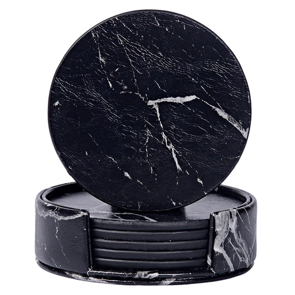 Leather Marble Grain Coasters for Drinks with Holder Heat Resistant Cup Mat marble grain black