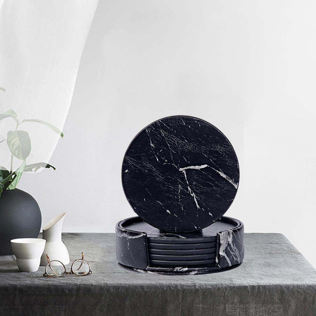 Leather Marble Grain Coasters for Drinks with Holder Heat Resistant Cup Mat marble grain black