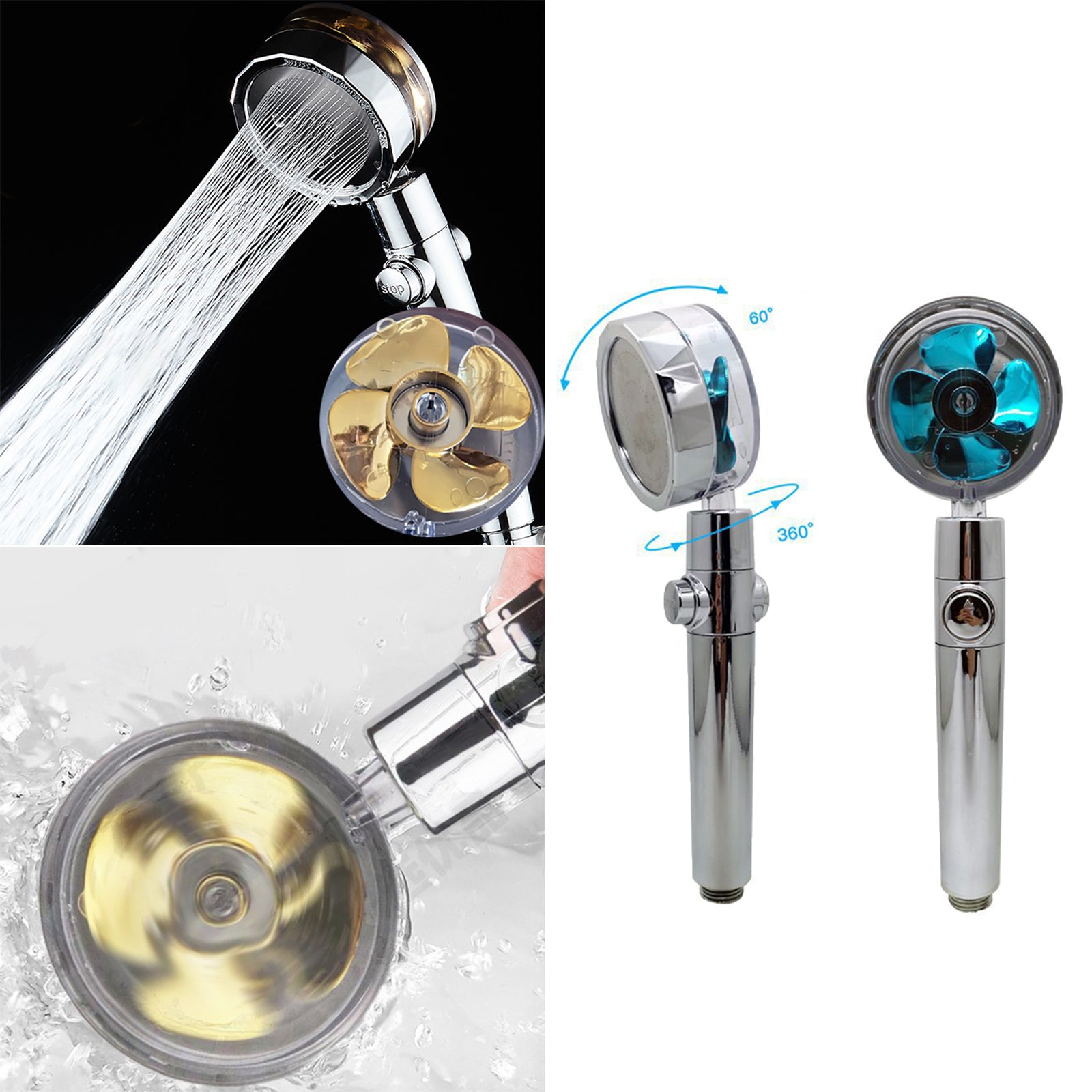 Pressurized Shower Head Rotating with Small Fan Bathroom Accs Easy Install silver