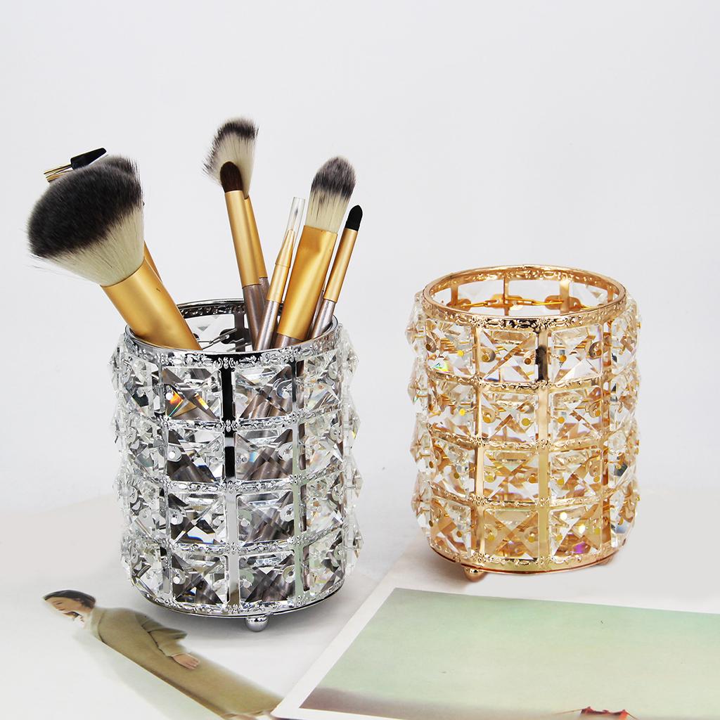 Women Crystal Makeup Storage Brush Holder Cosmetic Box  Silver