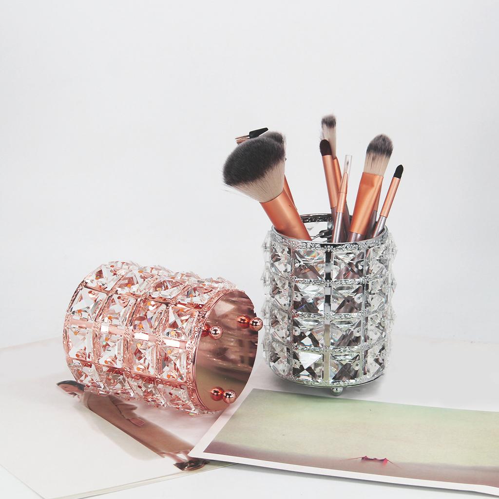 Women Crystal Makeup Storage Brush Holder Cosmetic Box  Rose Gold