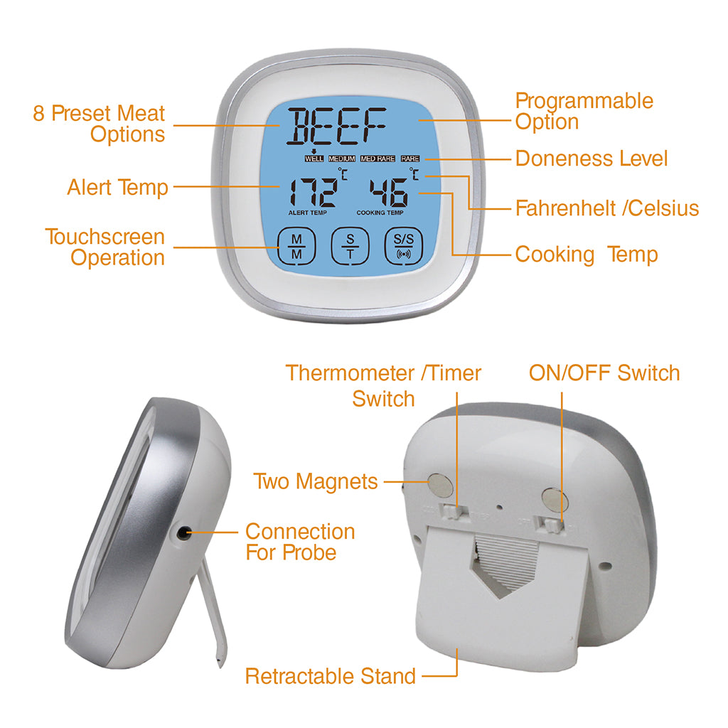 Digital Portable Food Thermometer for Cooking with Brackets Deep Fry Kitchen White Silver