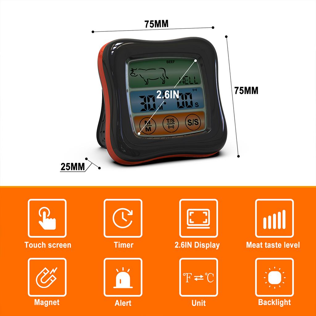 Digital Meat Thermometer Instant Read Timer Function Stainless Steel Probe black