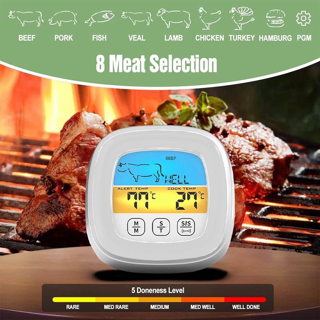 Digital Meat Thermometer LCD Display with Backlight for BBQ Cooking Accs White
