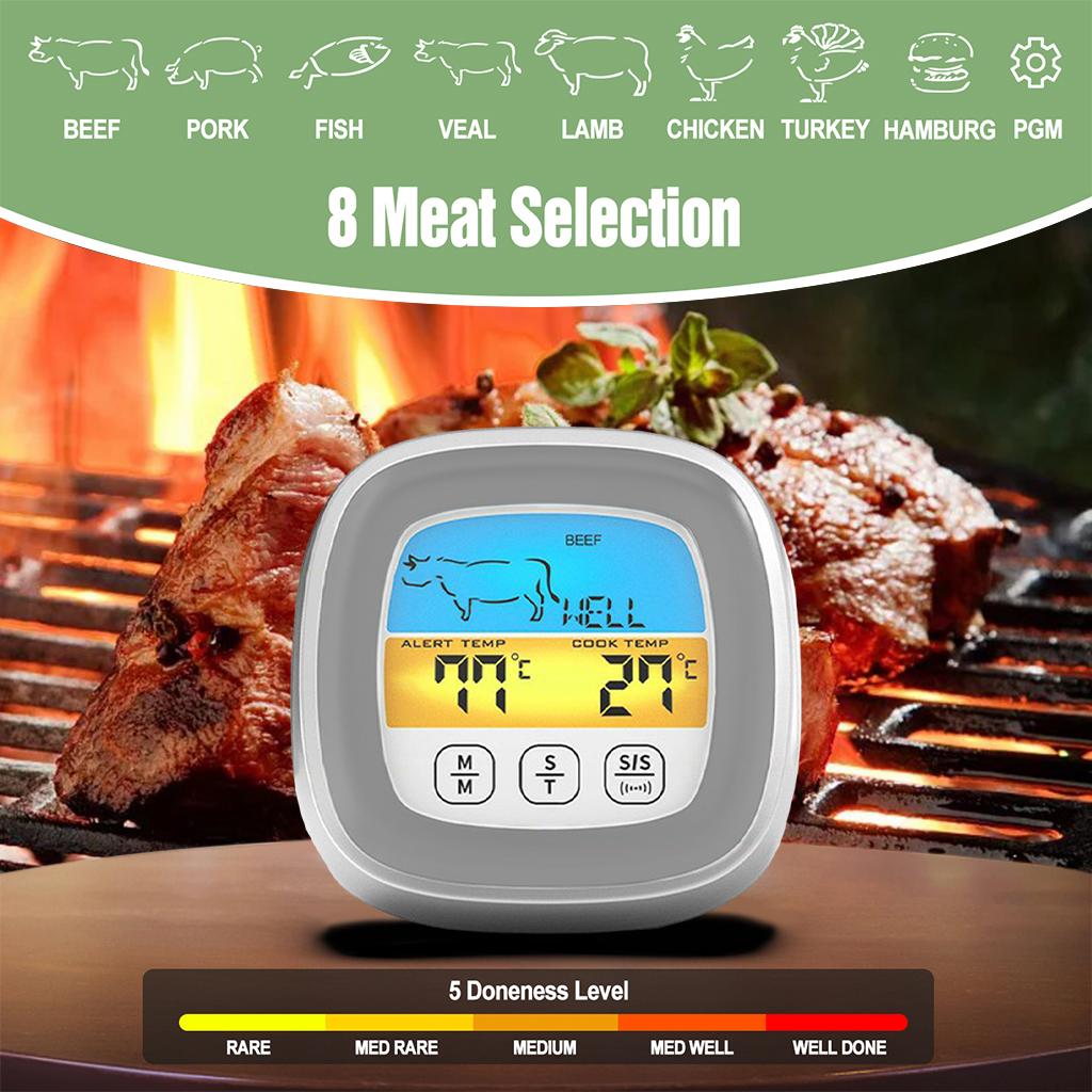 Digital Meat Thermometer LCD Display with Backlight for BBQ Cooking Accs White Grey