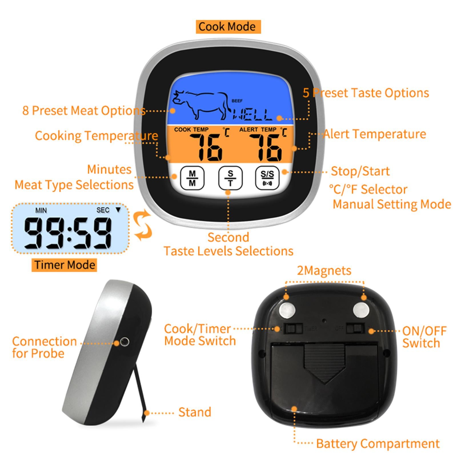 Waterproof Kitchen Thermometer with Probe and Timer LCD Backlight for Beef