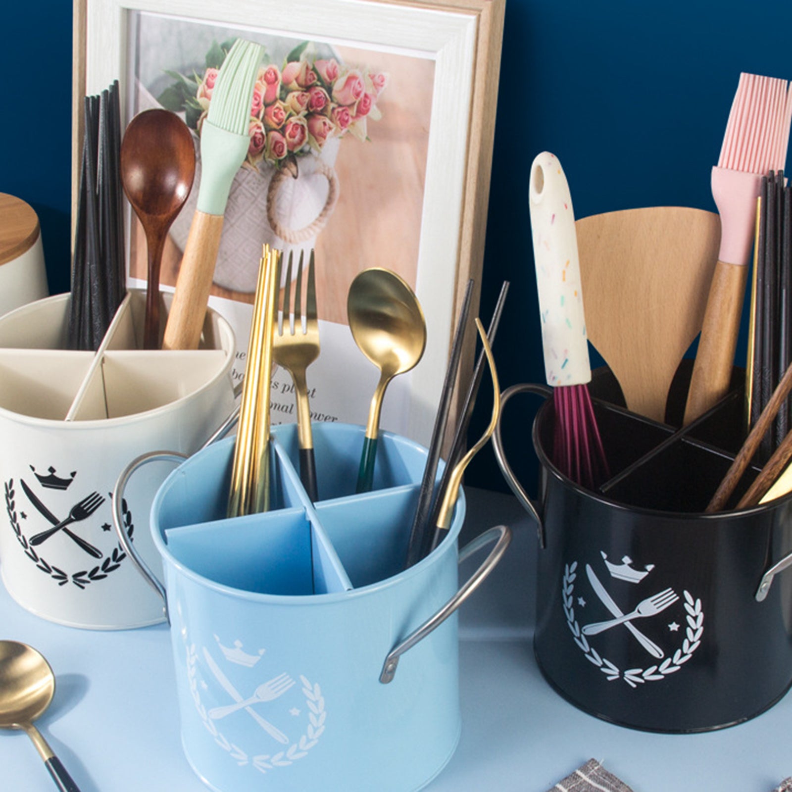 Chopstick Holder Four-Divided Spatula Forks Binaural Handles for Household Blue