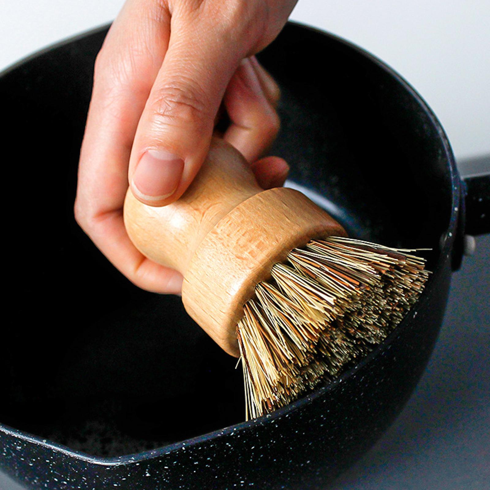 Cleaning Brush Wooden Round Short for Coffee Espresso Machine Pot Pan Brown