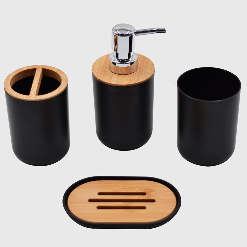Bathroom Accessories Set Toothbrush Cup Plastic and Wood Mouth Cup for Tidy Black