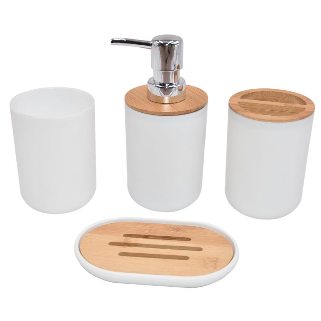 Bathroom Accessories Set Toothbrush Cup Plastic and Wood Mouth Cup for Tidy White
