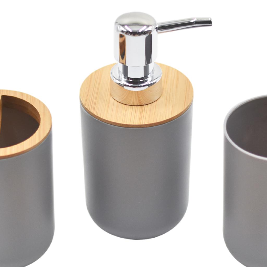 Bathroom Accessories Set Toothbrush Cup Plastic and Wood Mouth Cup for Tidy Gray