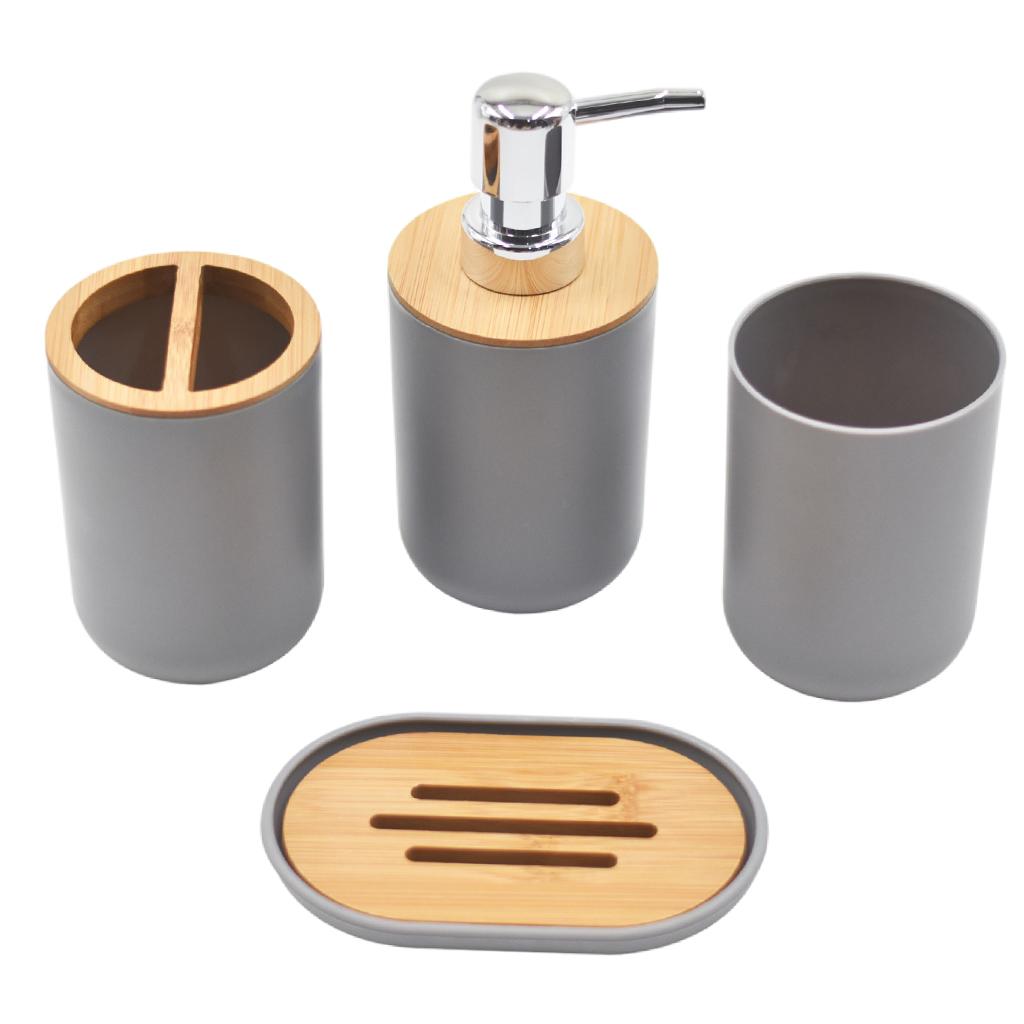 Bathroom Accessories Set Toothbrush Cup Plastic and Wood Mouth Cup for Tidy Gray