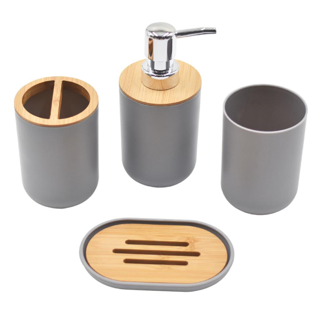 Bathroom Accessories Set Toothbrush Cup Plastic and Wood Mouth Cup for Tidy Gray