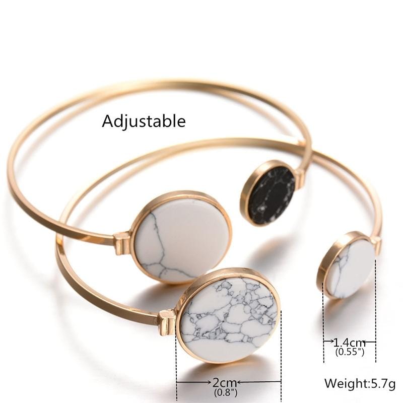 Faux Marble Stone Round Geometric Bangle Gold Circle Cuff Bangle Bracelet (White Black)