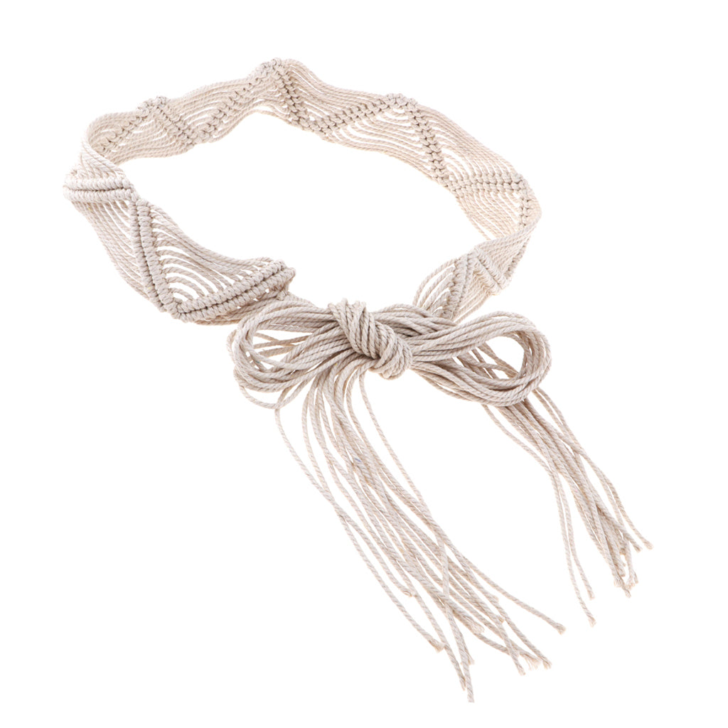 Women Bohemian Chain Knitted Belt Tassels Waistband Dress decorate White
