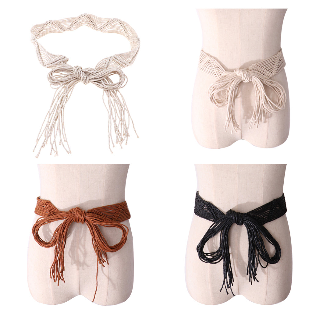 Women Bohemian Chain Knitted Belt Tassels Waistband Dress decorate White