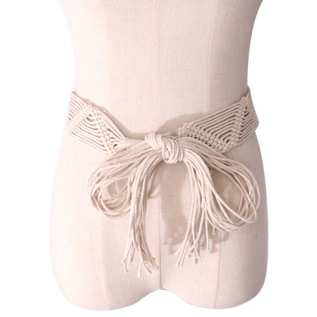 Women Bohemian Chain Knitted Belt Tassels Waistband Dress decorate White