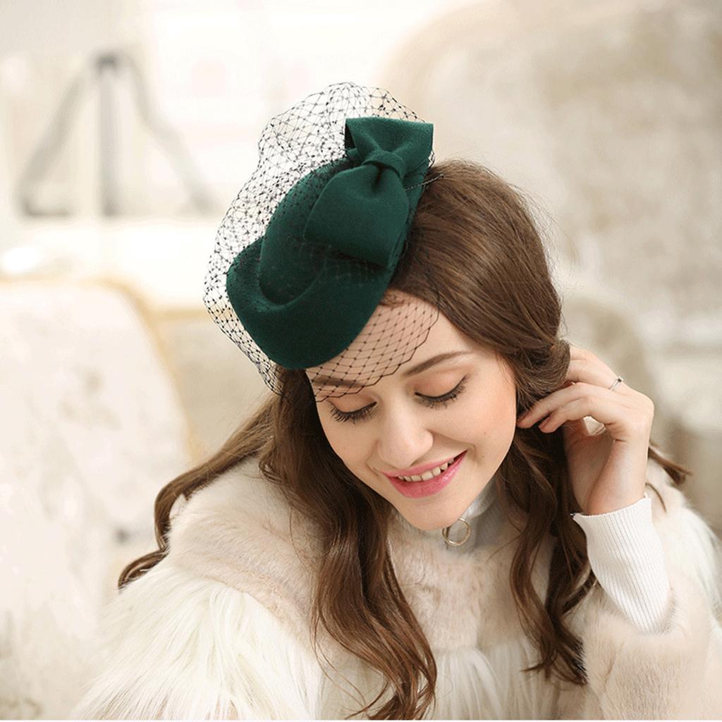 Pillbox Hat Wedding Hat with Veil Vintage Bow Fascinator Hats for Women Green