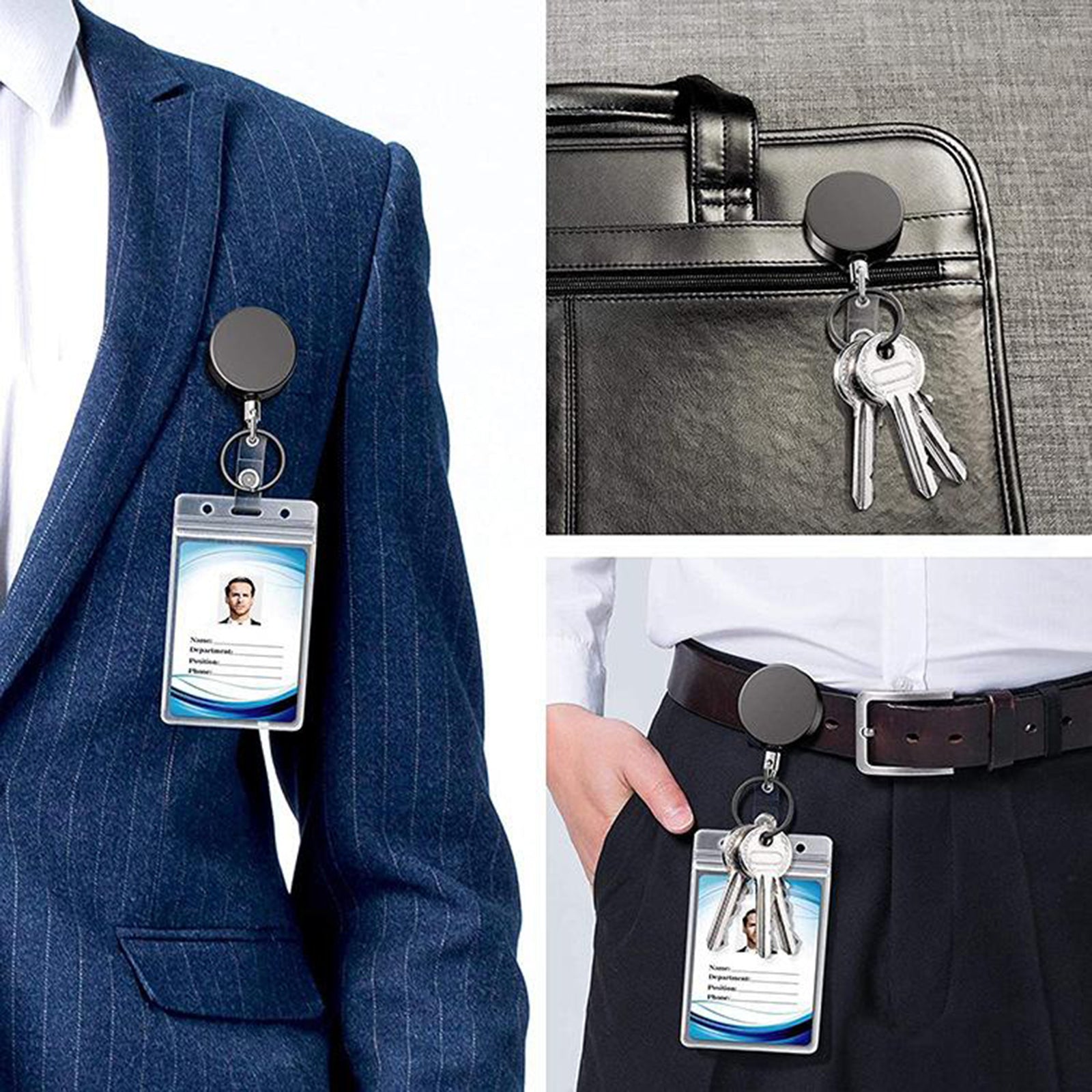 3x Badge Reel Pull Keychain Retractable ID Holder Card Identity Clips