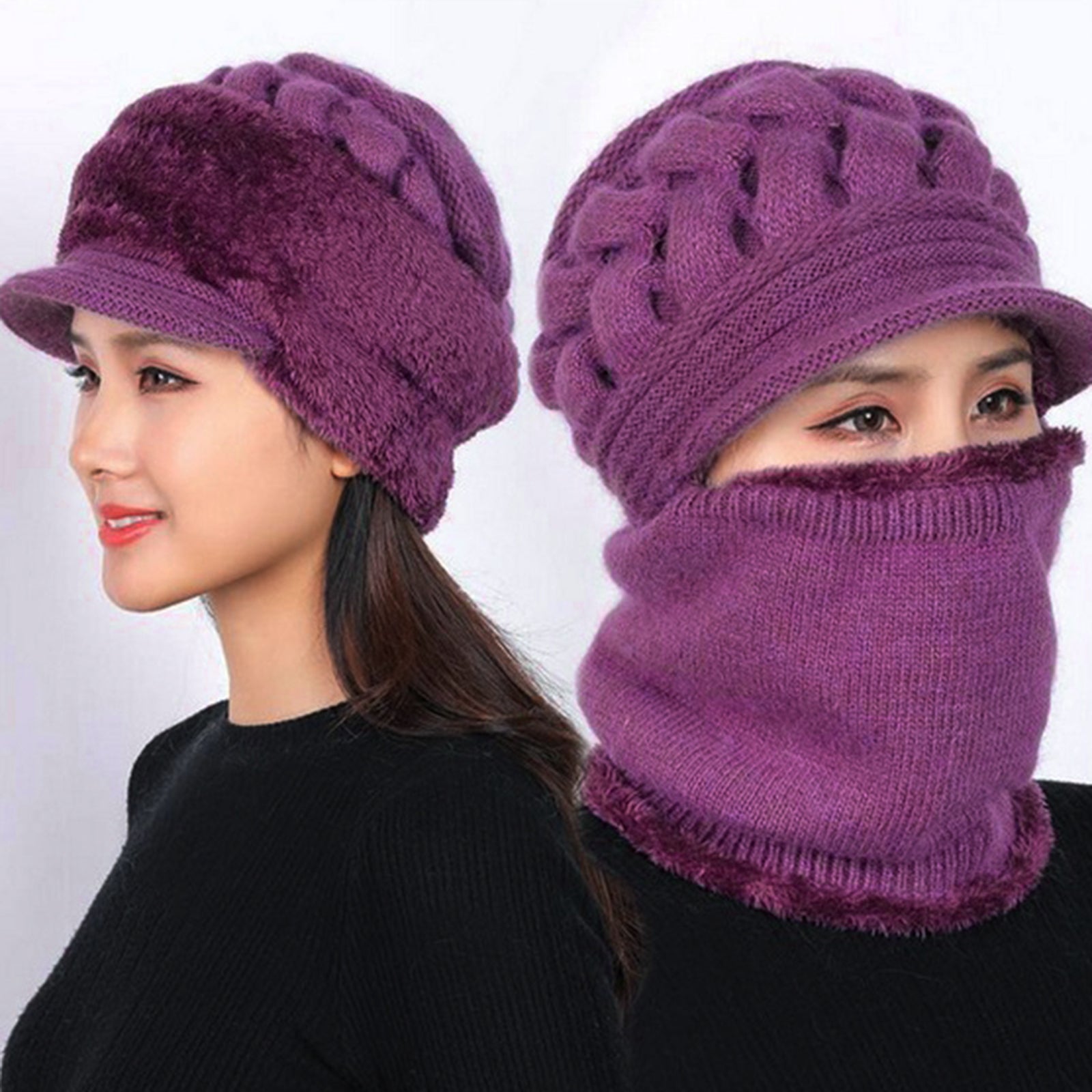 Winter Women  Hat Warm Skullies  Scarf Crochet Casual Cap Purple