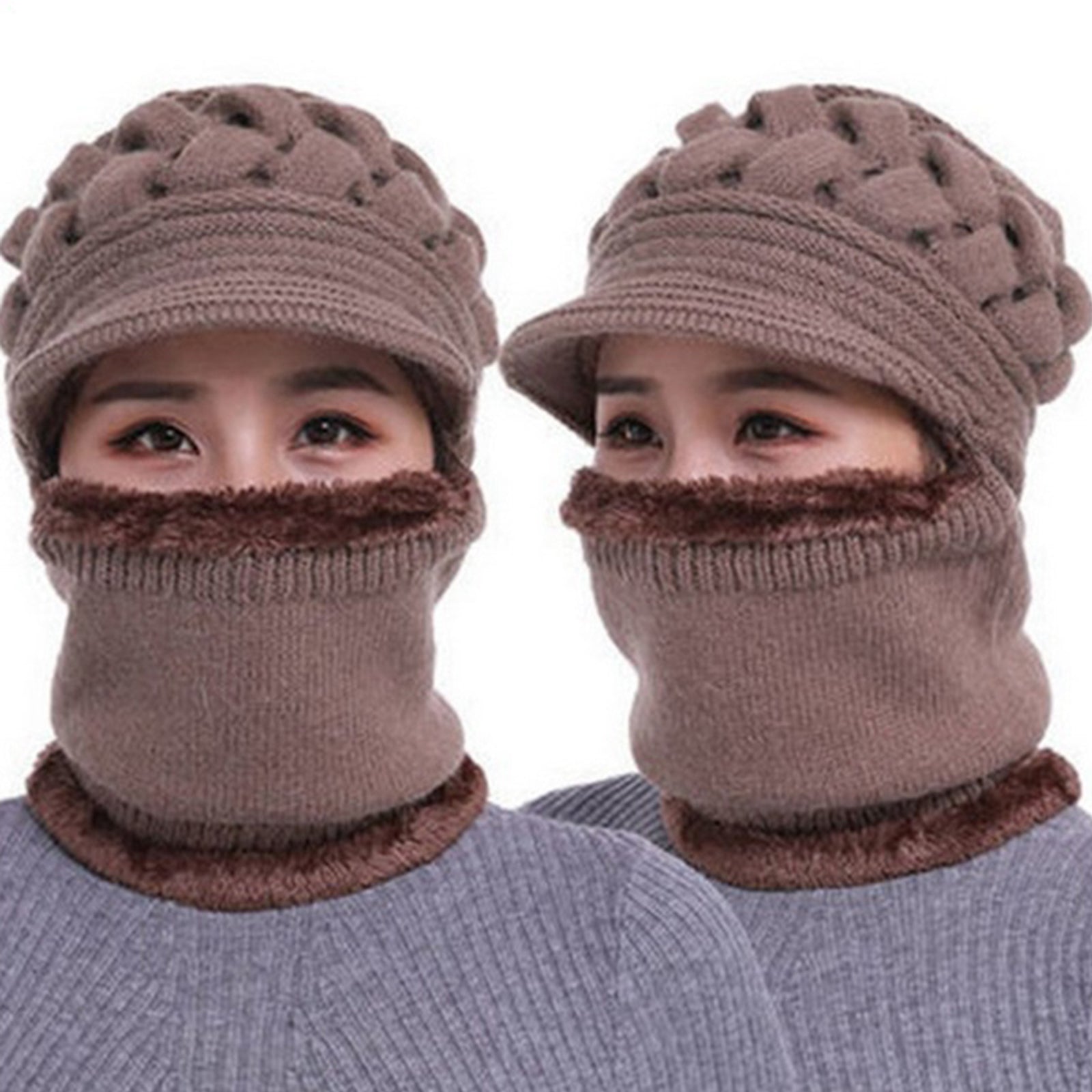Winter Women  Hat Warm Skullies  Scarf Crochet Casual Cap Khaki