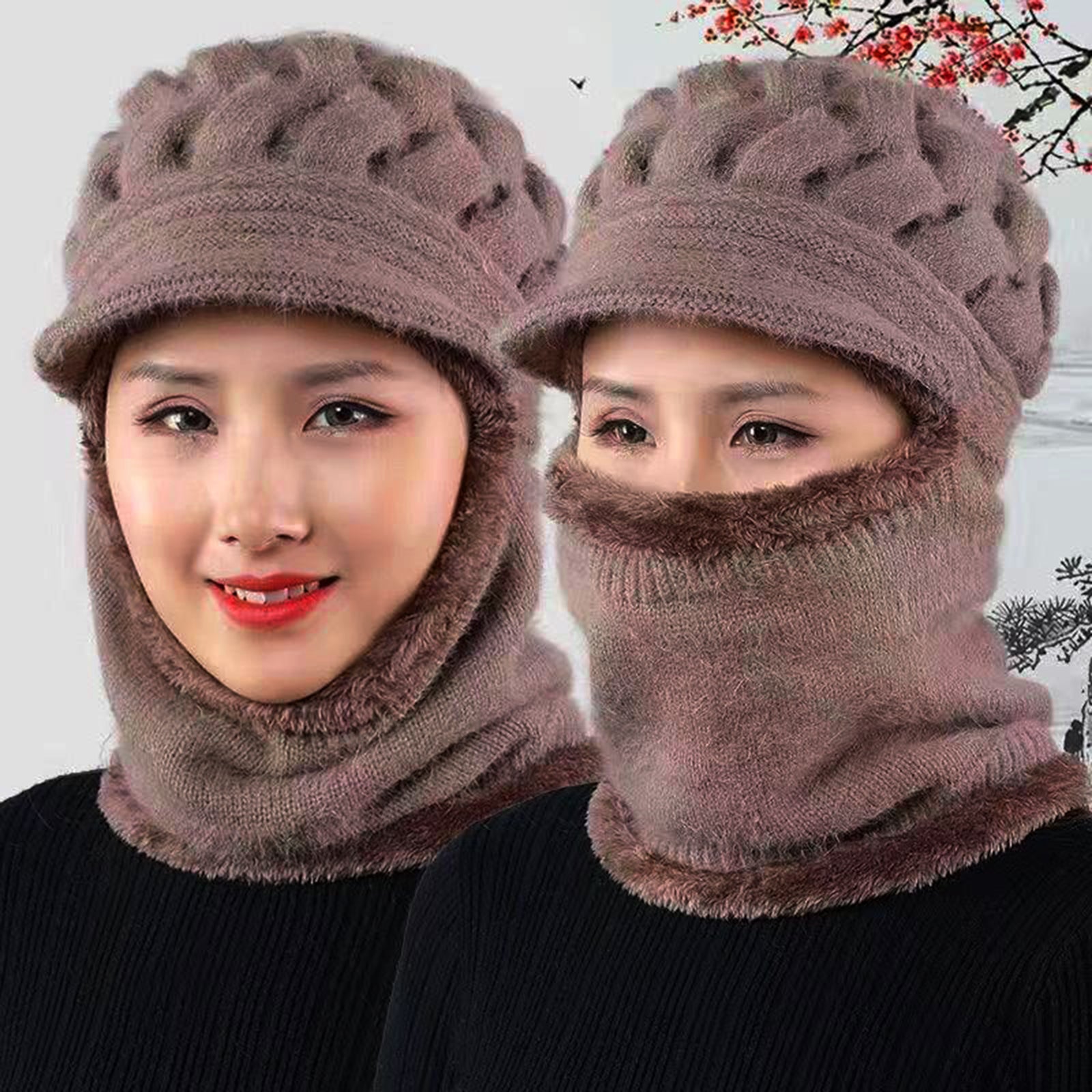 Winter Women  Hat Warm Skullies  Scarf Crochet Casual Cap Khaki