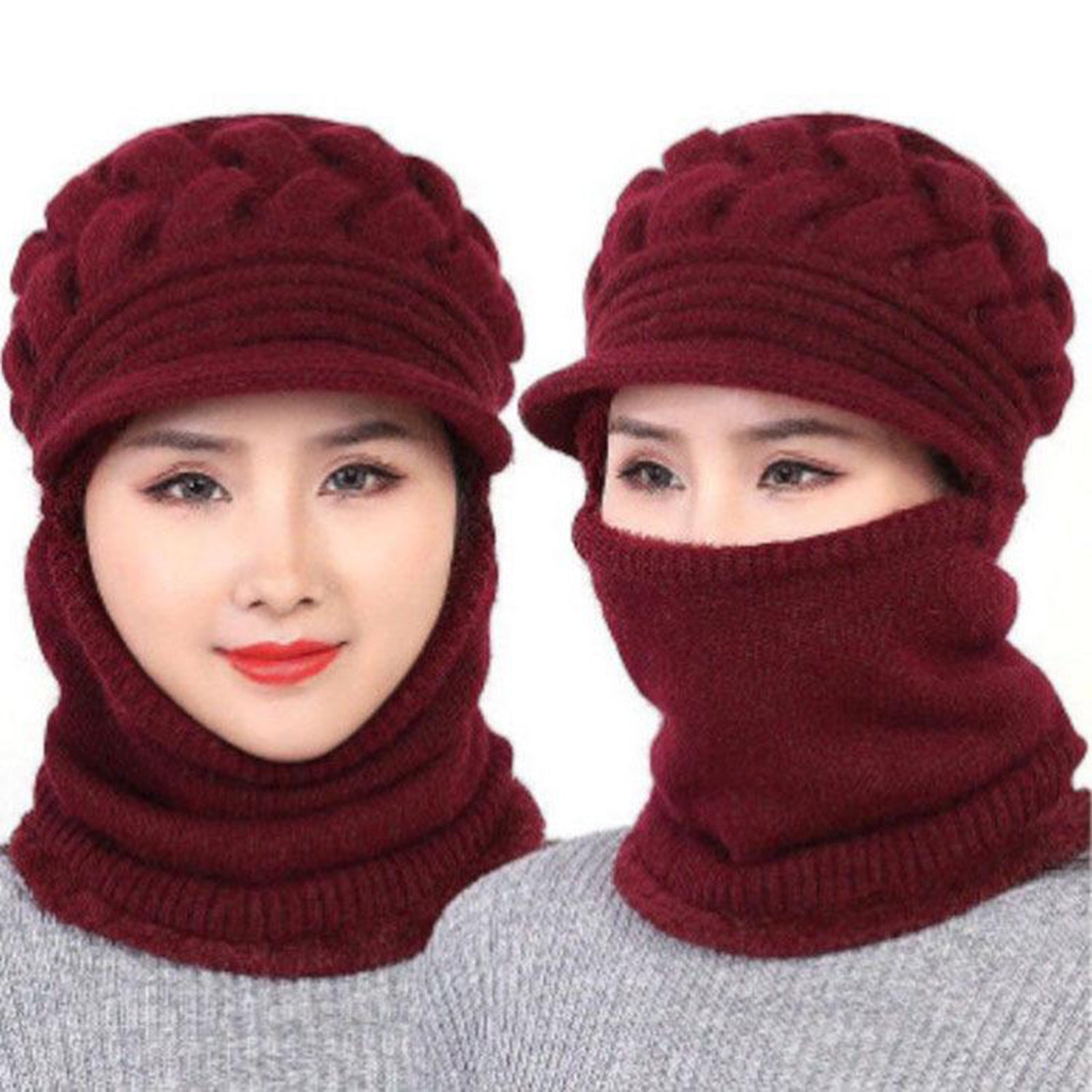 Winter Women  Hat Warm Skullies  Scarf Crochet Casual Cap Wine Red