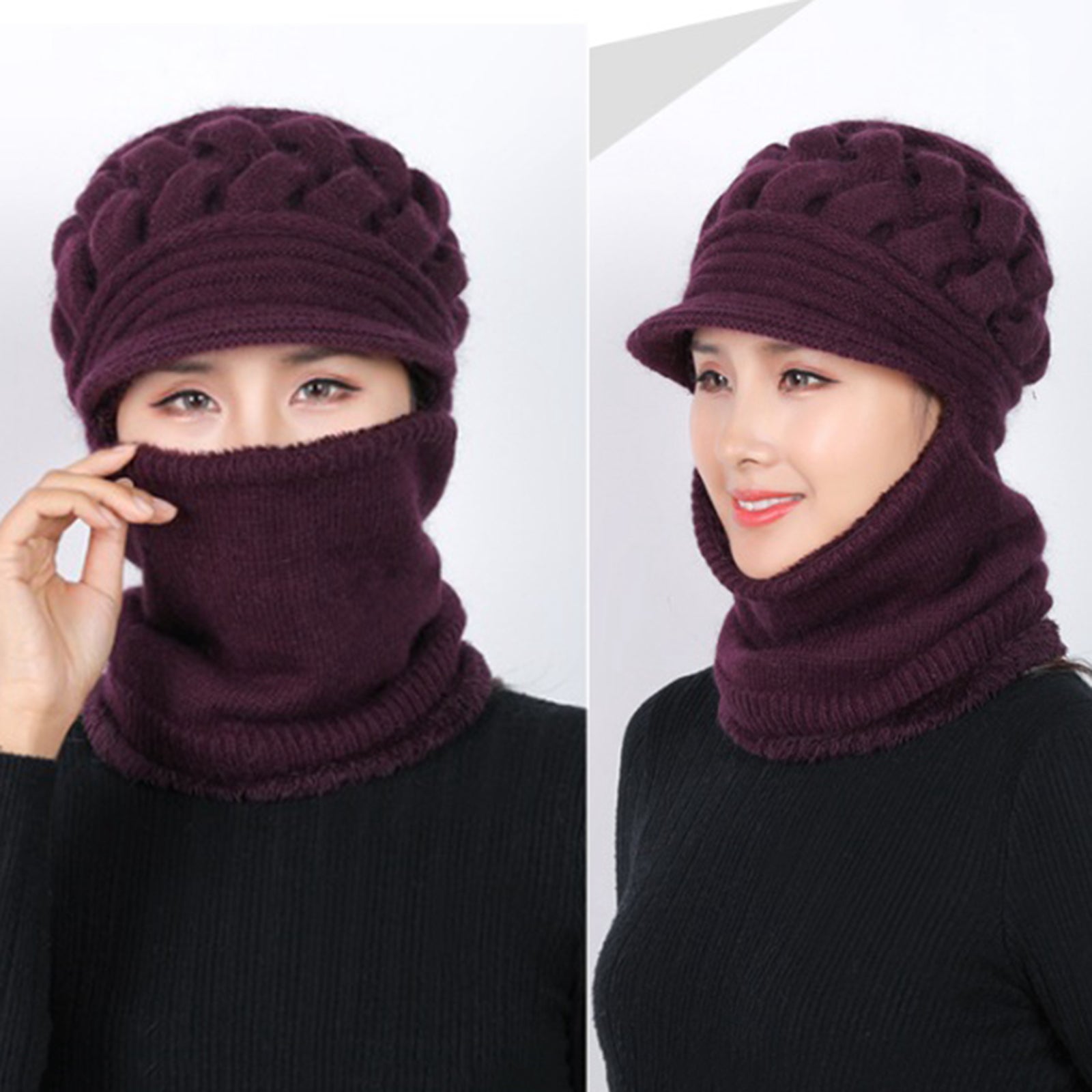 Winter Women  Hat Warm Skullies  Scarf Crochet Casual Cap Dark Violet