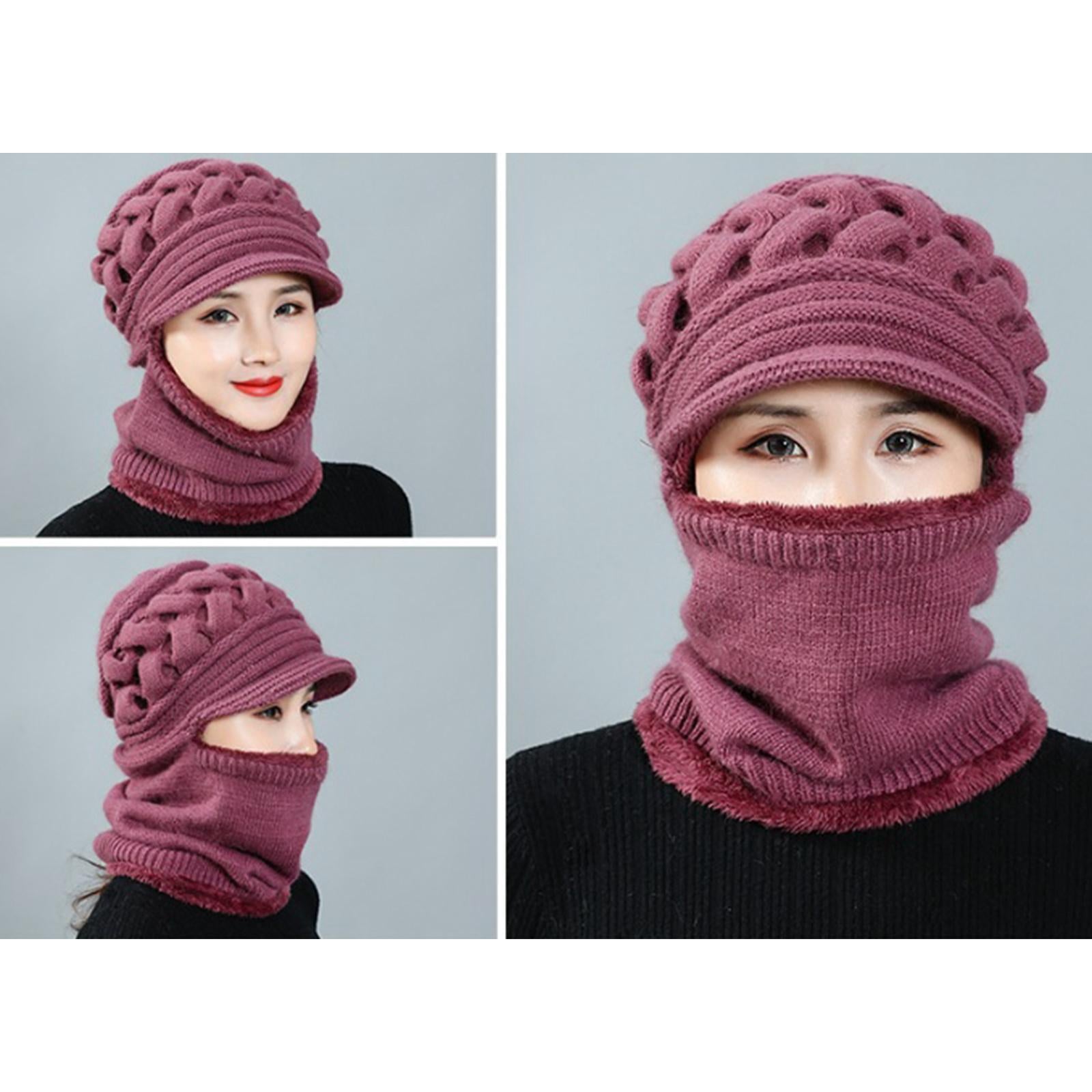 Winter Women  Hat Warm Skullies  Scarf Crochet Casual Cap Pink