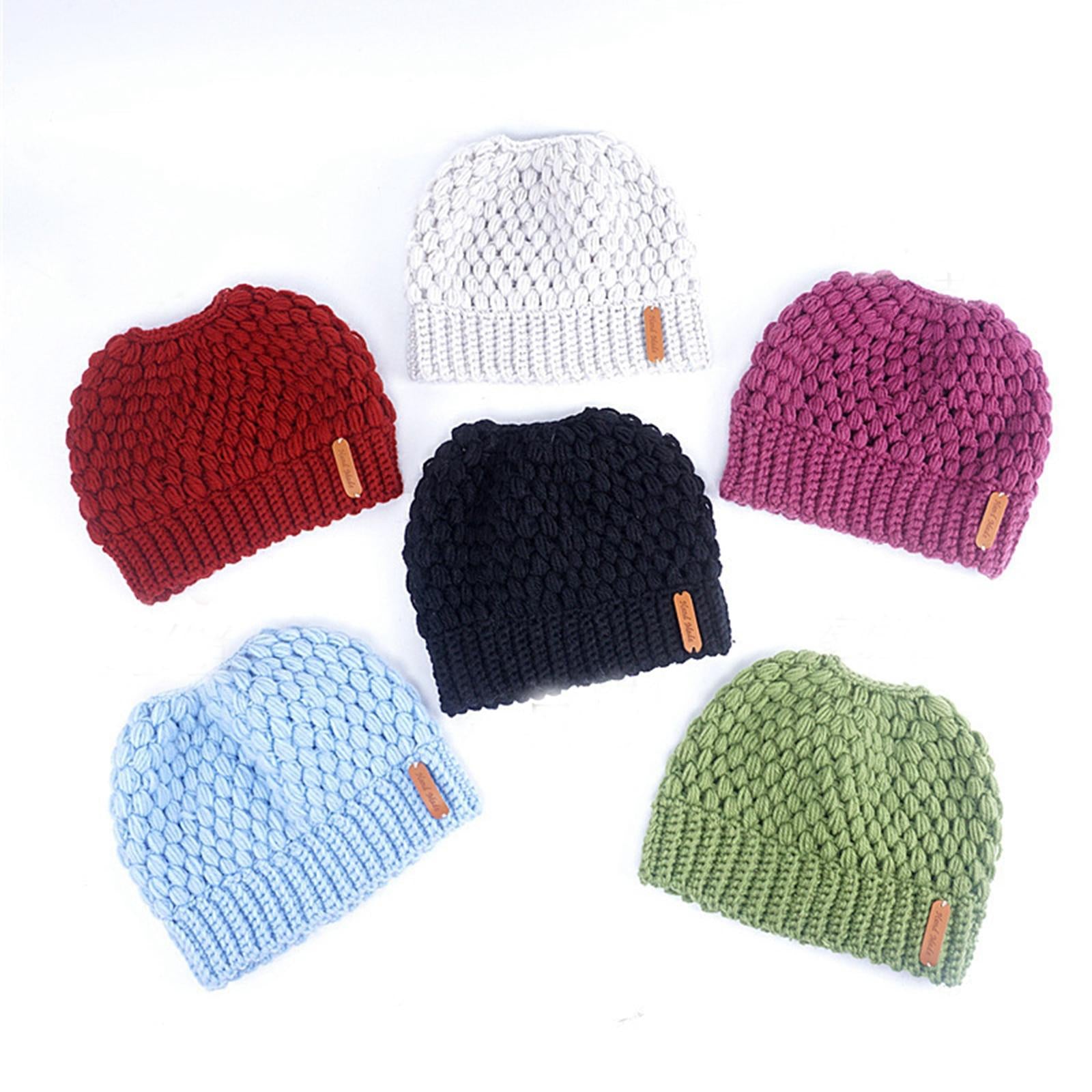 Ponytail Messy Bun Beanie Hats Knit Stretchy Beanie Hats Cap Red