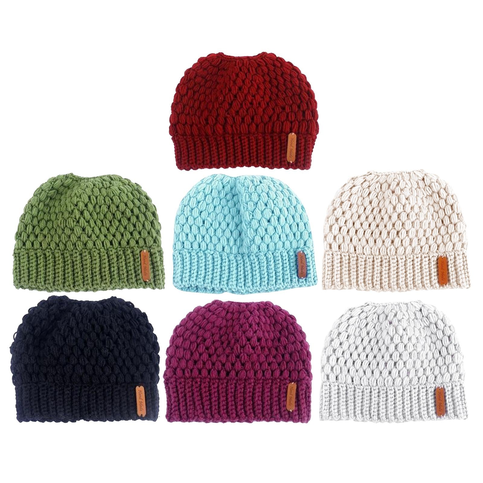 Ponytail Messy Bun Beanie Hats Knit Stretchy Beanie Hats Cap Red