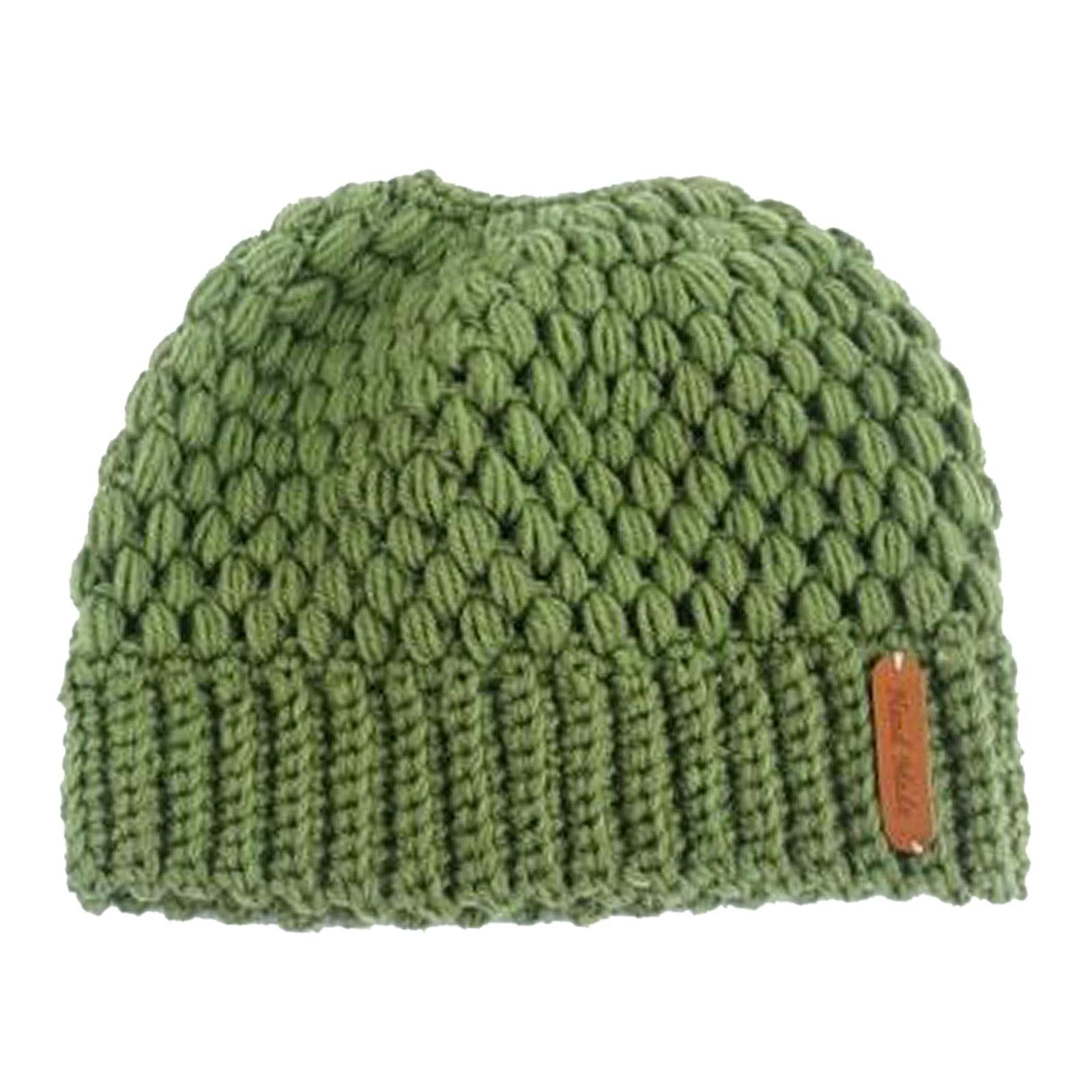 Ponytail Messy Bun Beanie Hats Knit Stretchy Beanie Hats Cap Green