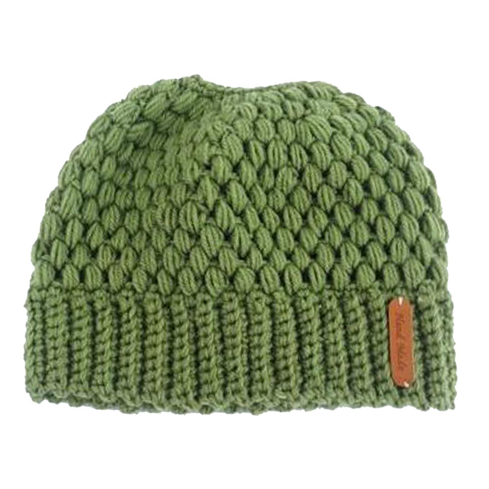 Ponytail Messy Bun Beanie Hats Knit Stretchy Beanie Hats Cap Green
