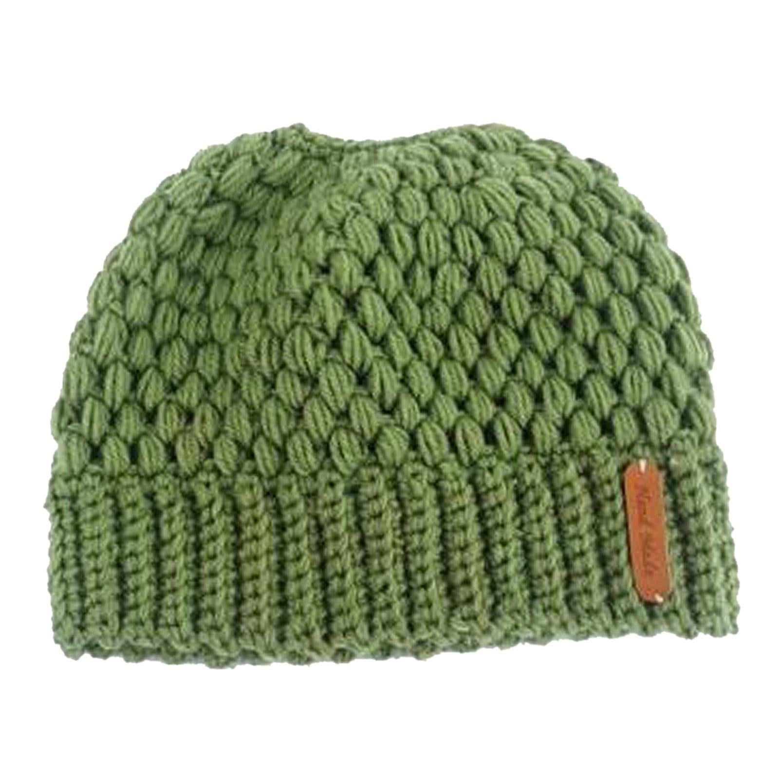 Ponytail Messy Bun Beanie Hats Knit Stretchy Beanie Hats Cap Green