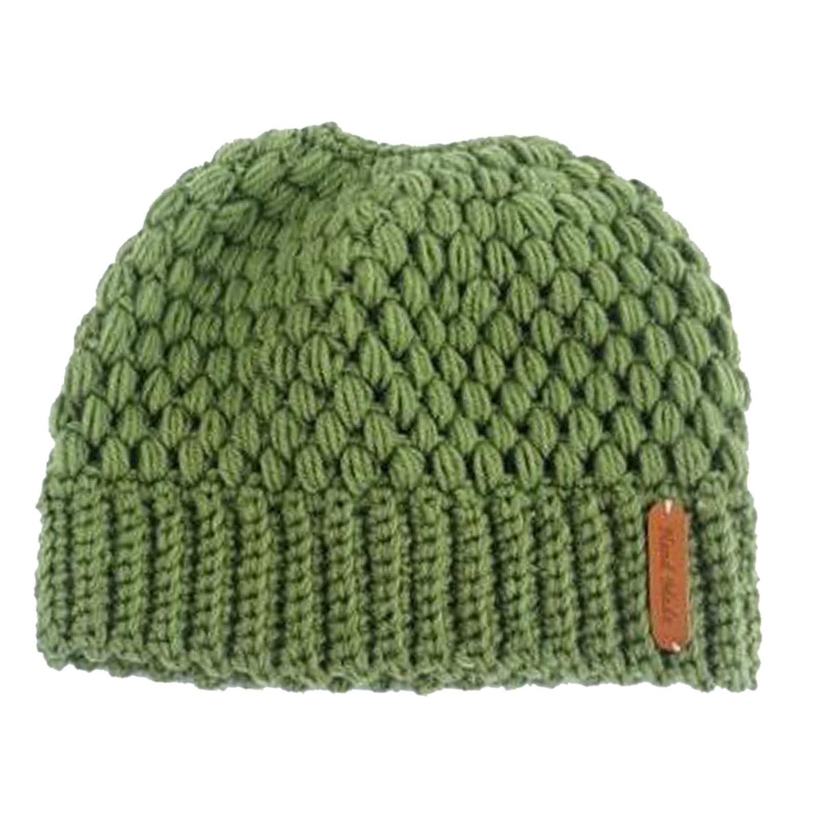Ponytail Messy Bun Beanie Hats Knit Stretchy Beanie Hats Cap Green