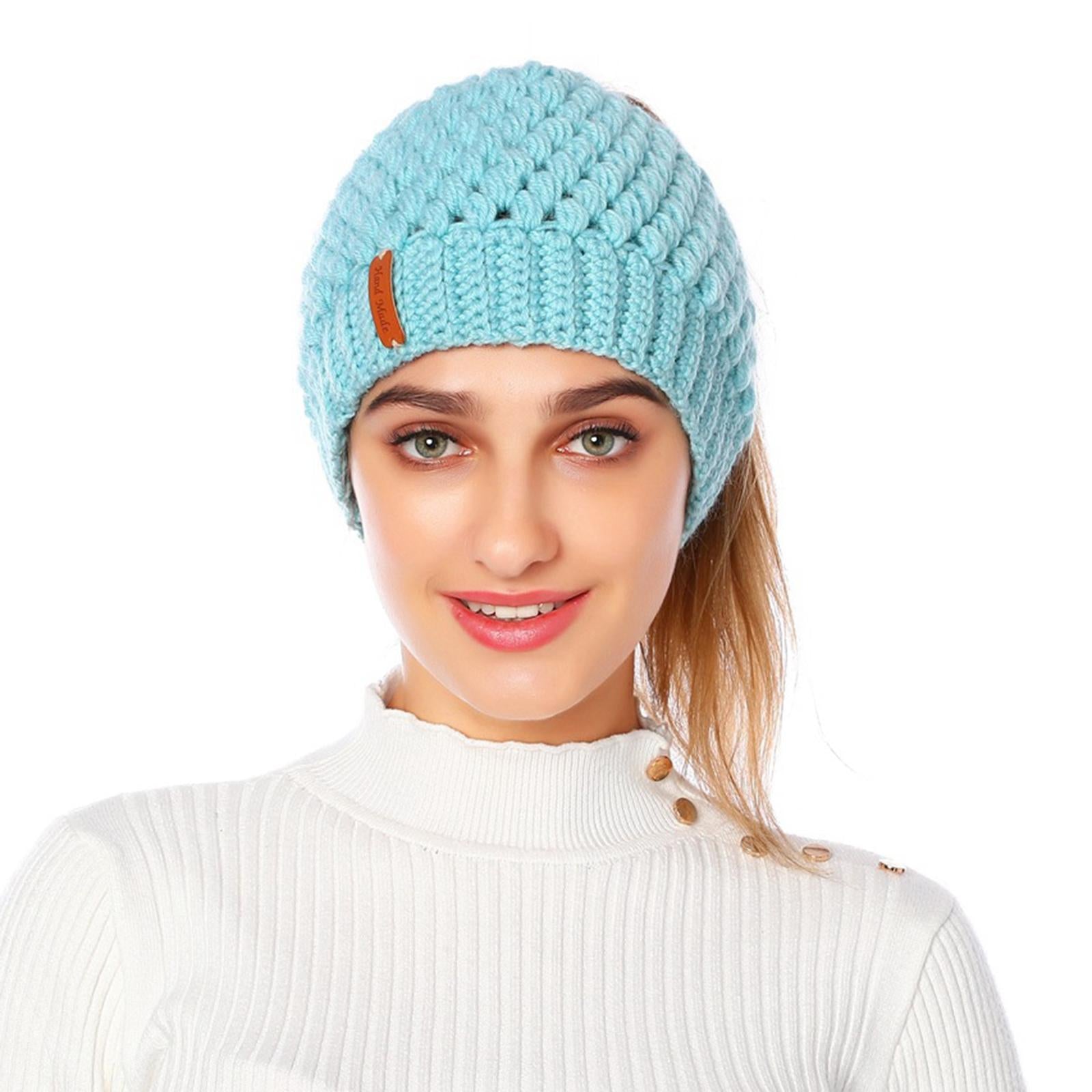 Ponytail Messy Bun Beanie Hats Knit Stretchy Beanie Hats Cap Blue
