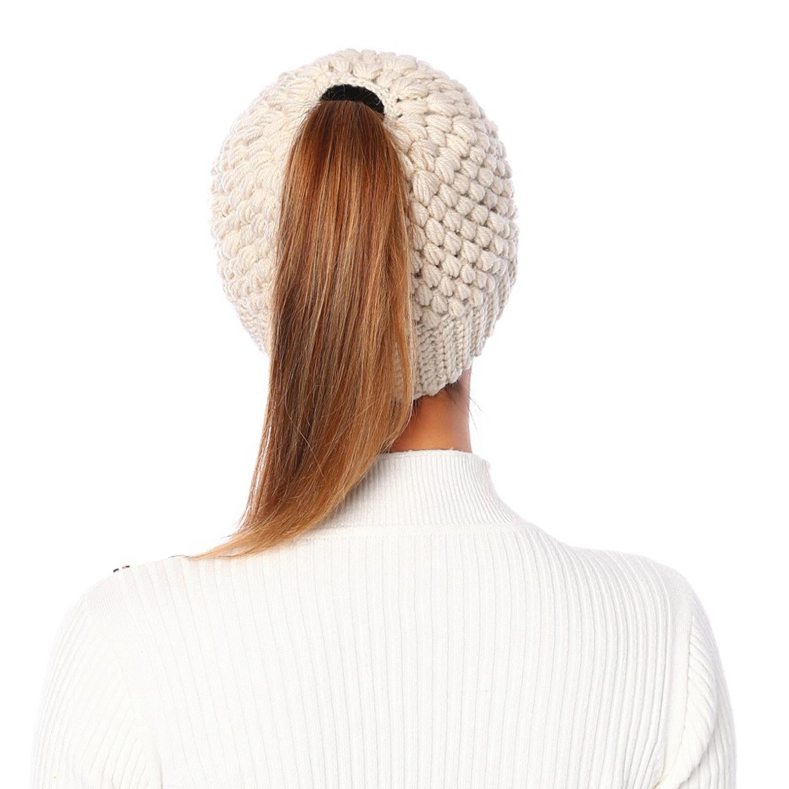 Ponytail Messy Bun Beanie Hats Knit Stretchy Beanie Hats Cap Khaki
