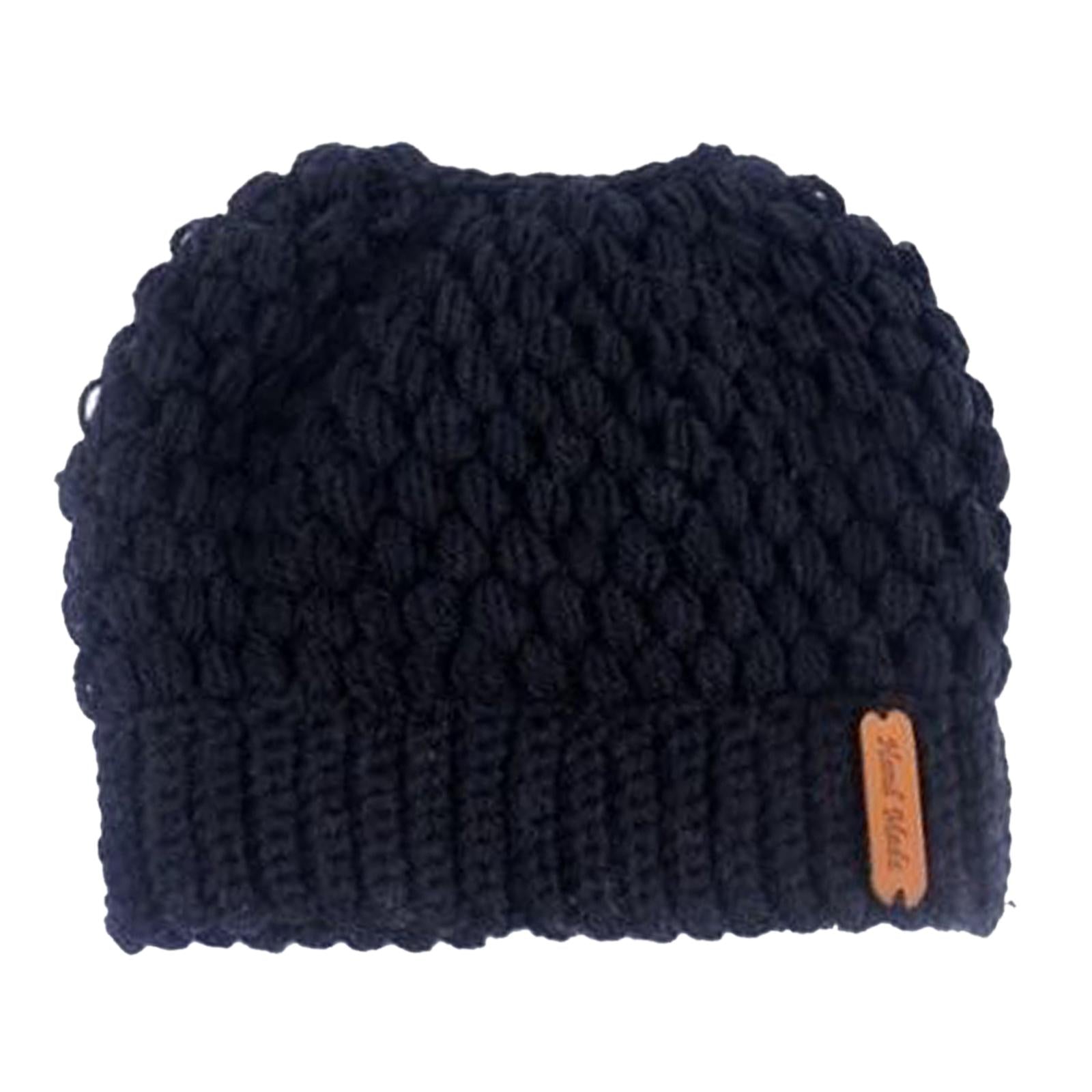 Ponytail Messy Bun Beanie Hats Knit Stretchy Beanie Hats Cap Black