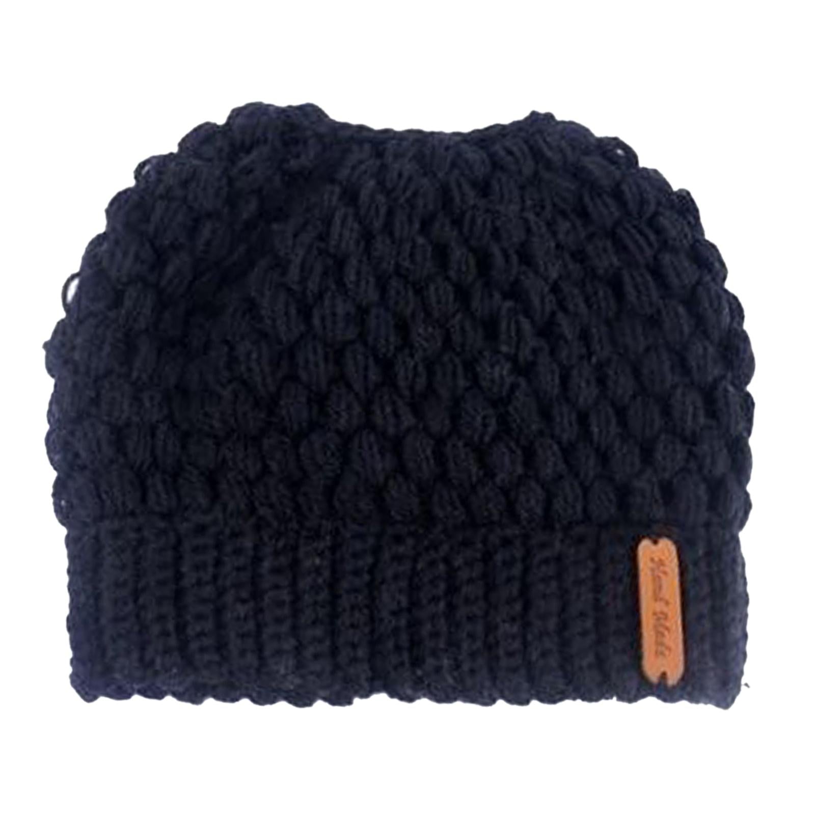 Ponytail Messy Bun Beanie Hats Knit Stretchy Beanie Hats Cap Black