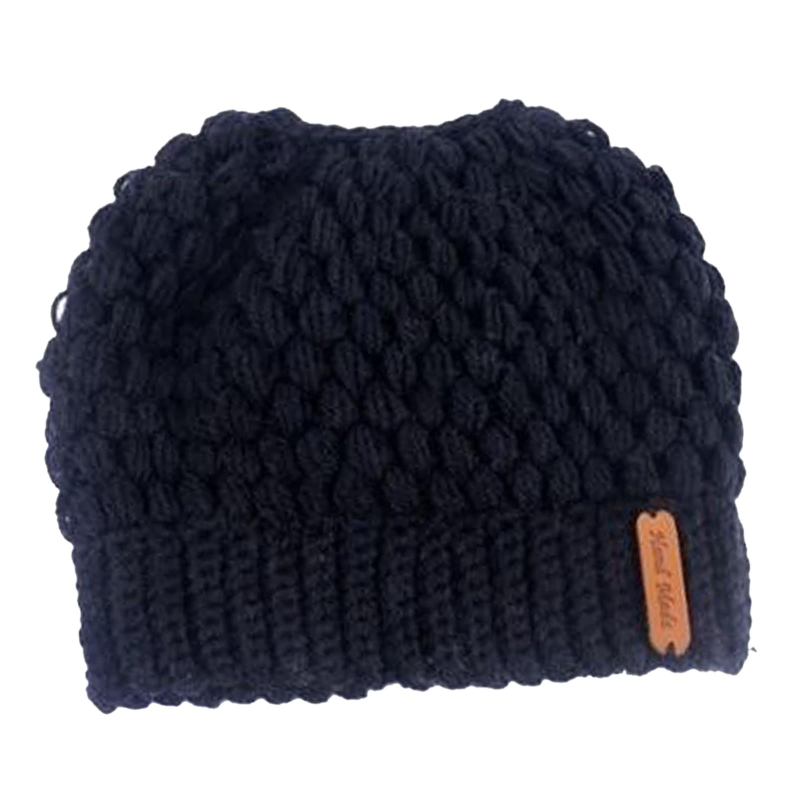 Ponytail Messy Bun Beanie Hats Knit Stretchy Beanie Hats Cap Black