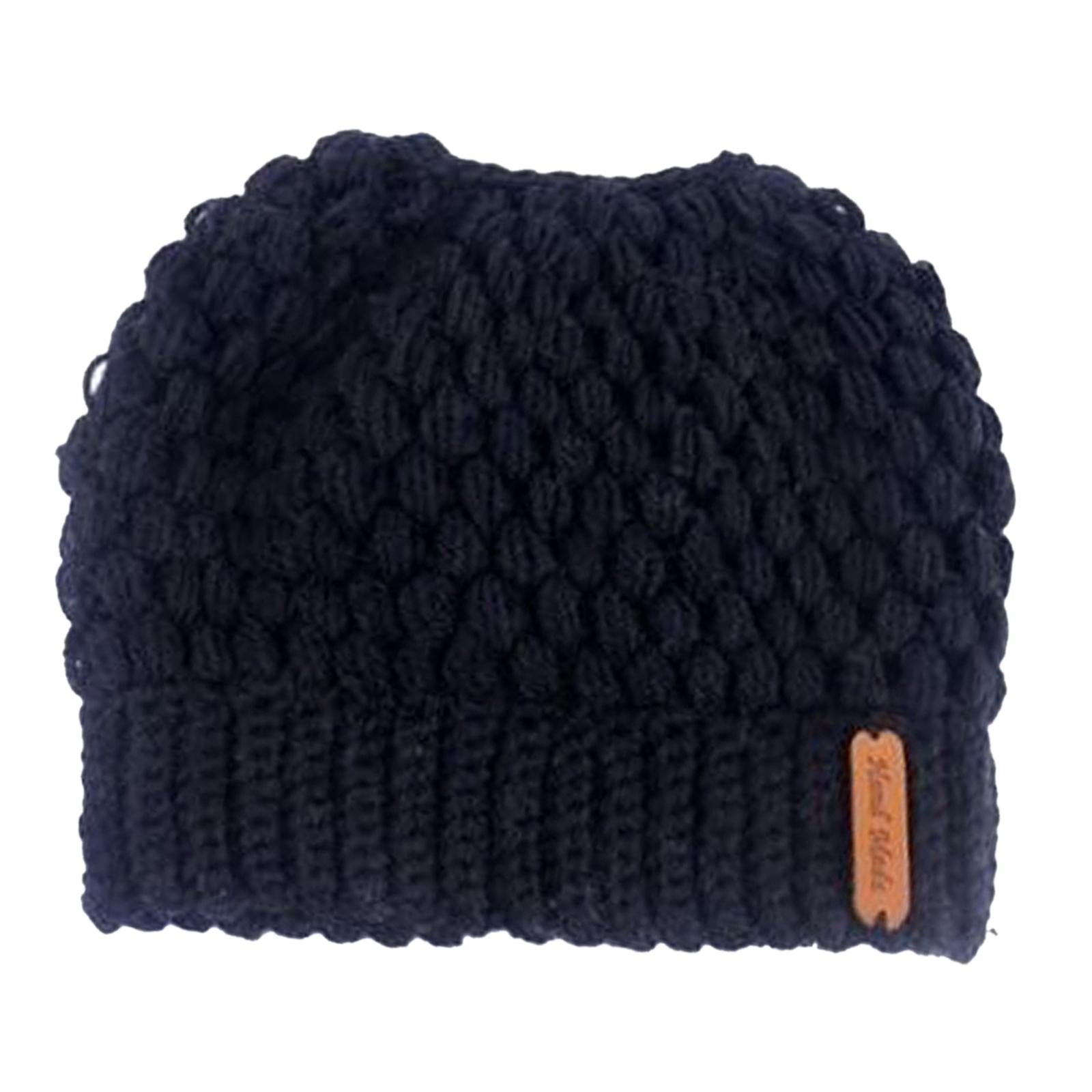 Ponytail Messy Bun Beanie Hats Knit Stretchy Beanie Hats Cap Black