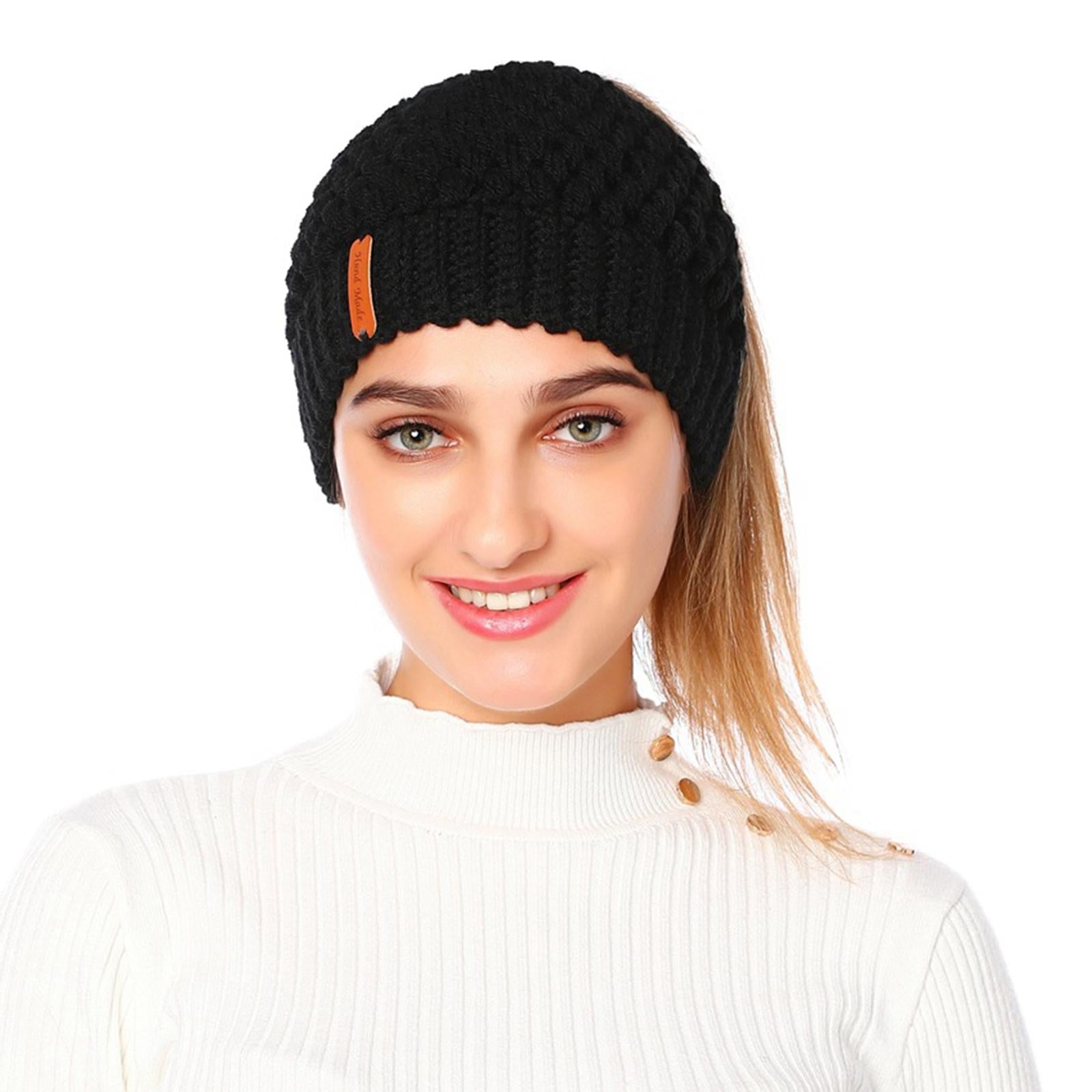 Ponytail Messy Bun Beanie Hats Knit Stretchy Beanie Hats Cap Black