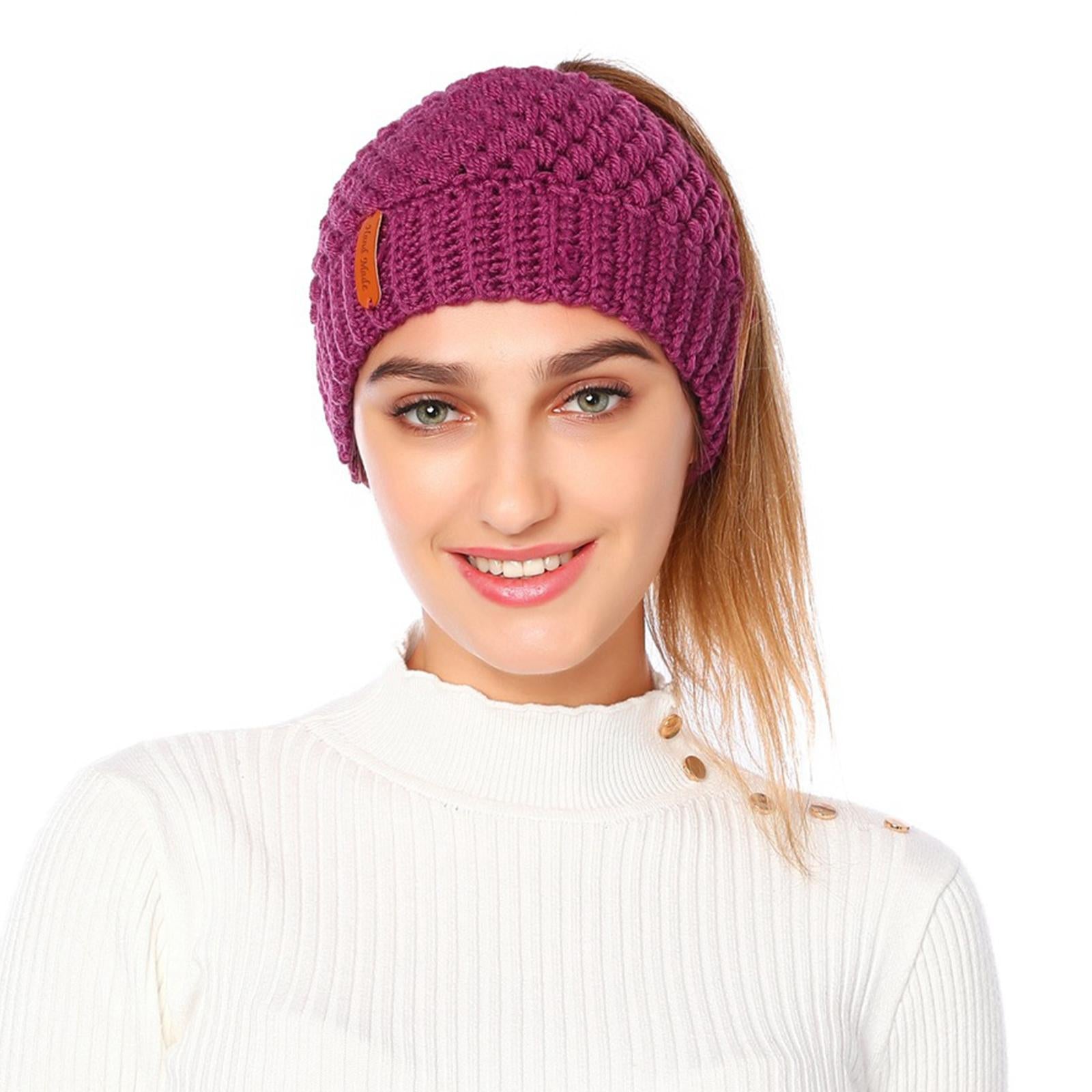 Ponytail Messy Bun Beanie Hats Knit Stretchy Beanie Hats Cap Taro Milk