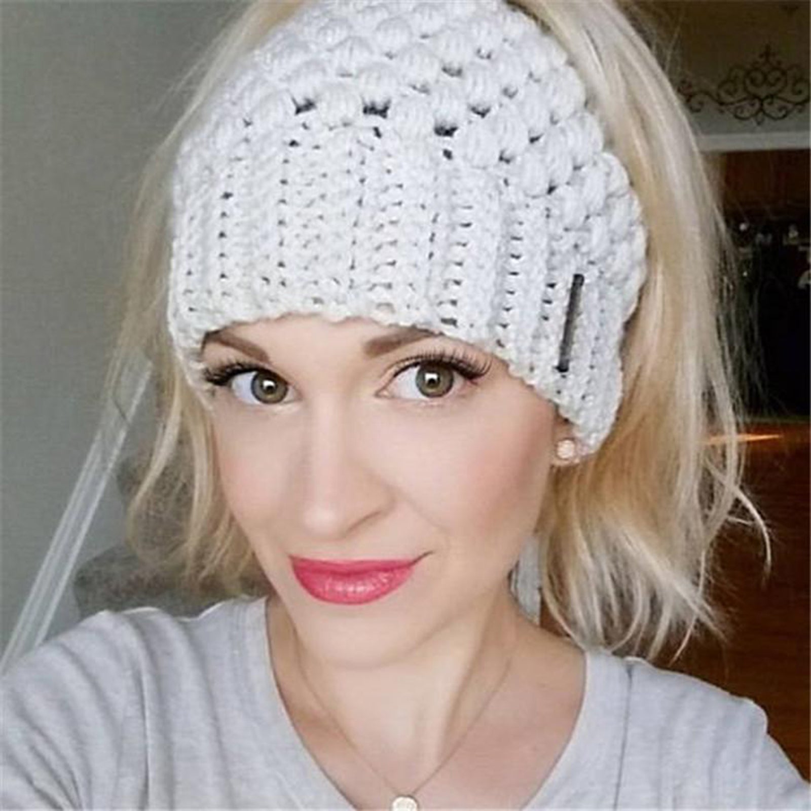 Ponytail Messy Bun Beanie Hats Knit Stretchy Beanie Hats Cap Beige