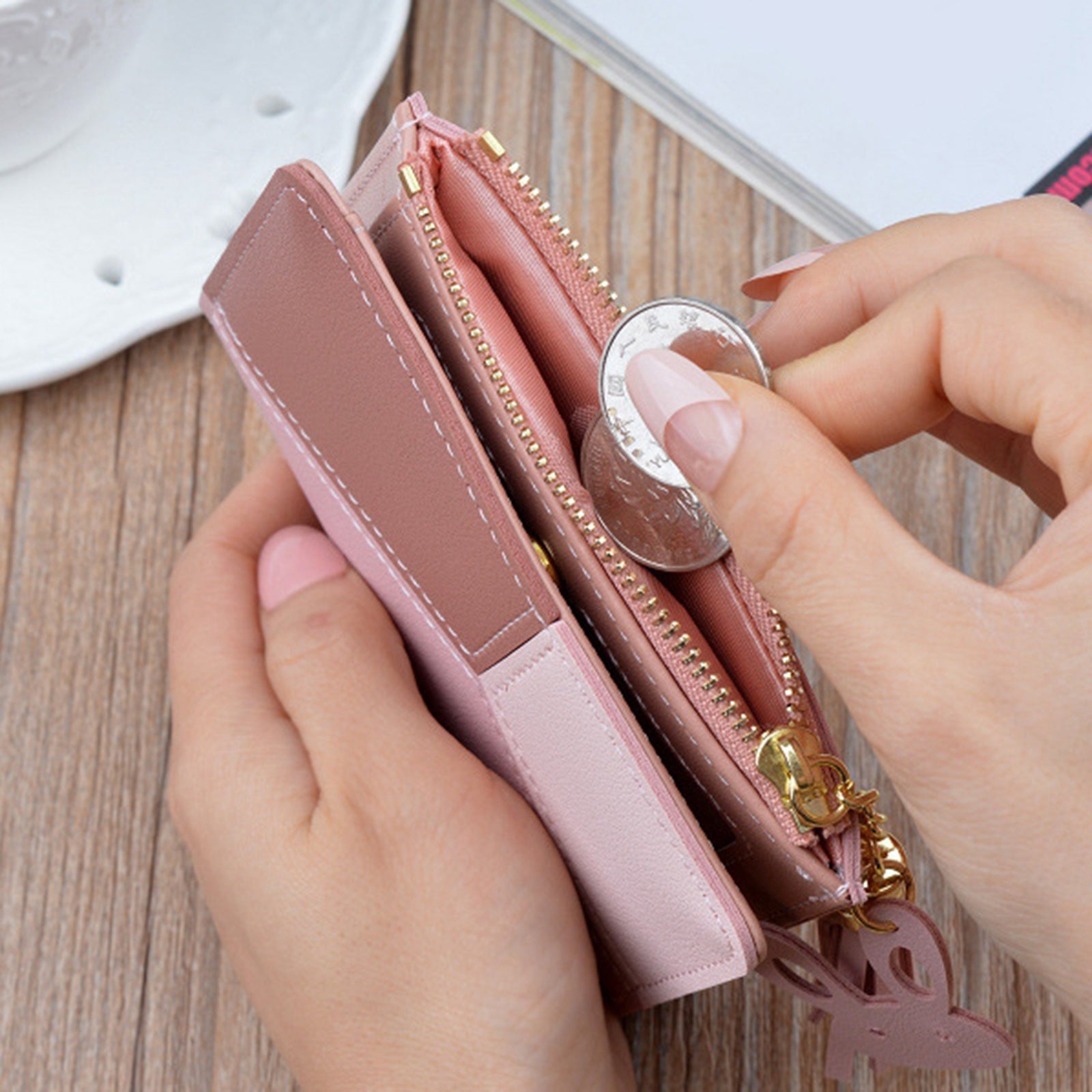 Women Wallet Wristlet Clutch Card Holder Organizer Phone Purse Short Pink