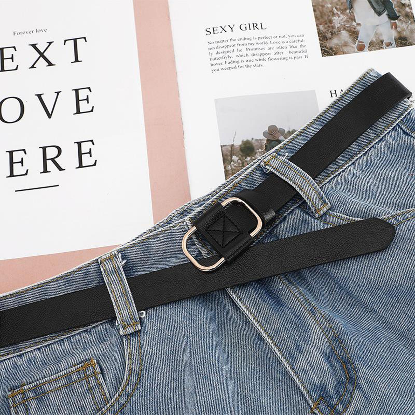 Women Leather Belts Jeans Belts with Alloy O-Ring Buckle No Pin Black