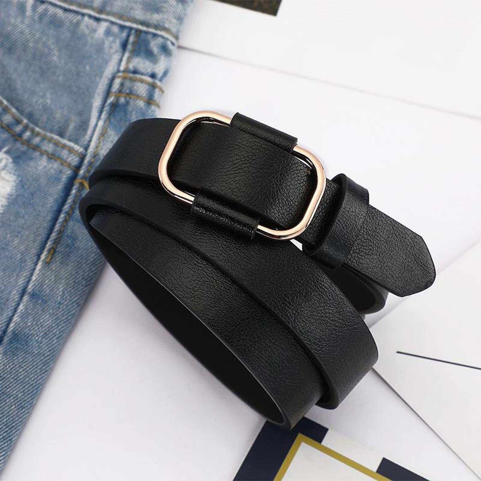 Women Leather Belts Jeans Belts with Alloy O-Ring Buckle No Pin Black