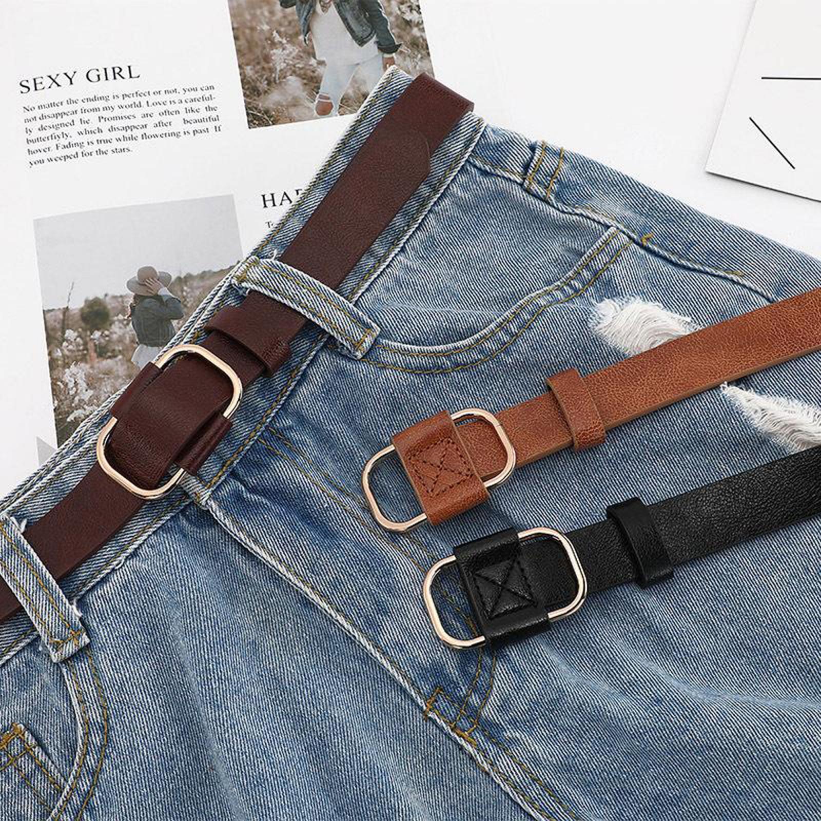 Women Leather Belts Jeans Belts with Alloy O-Ring Buckle No Pin Black